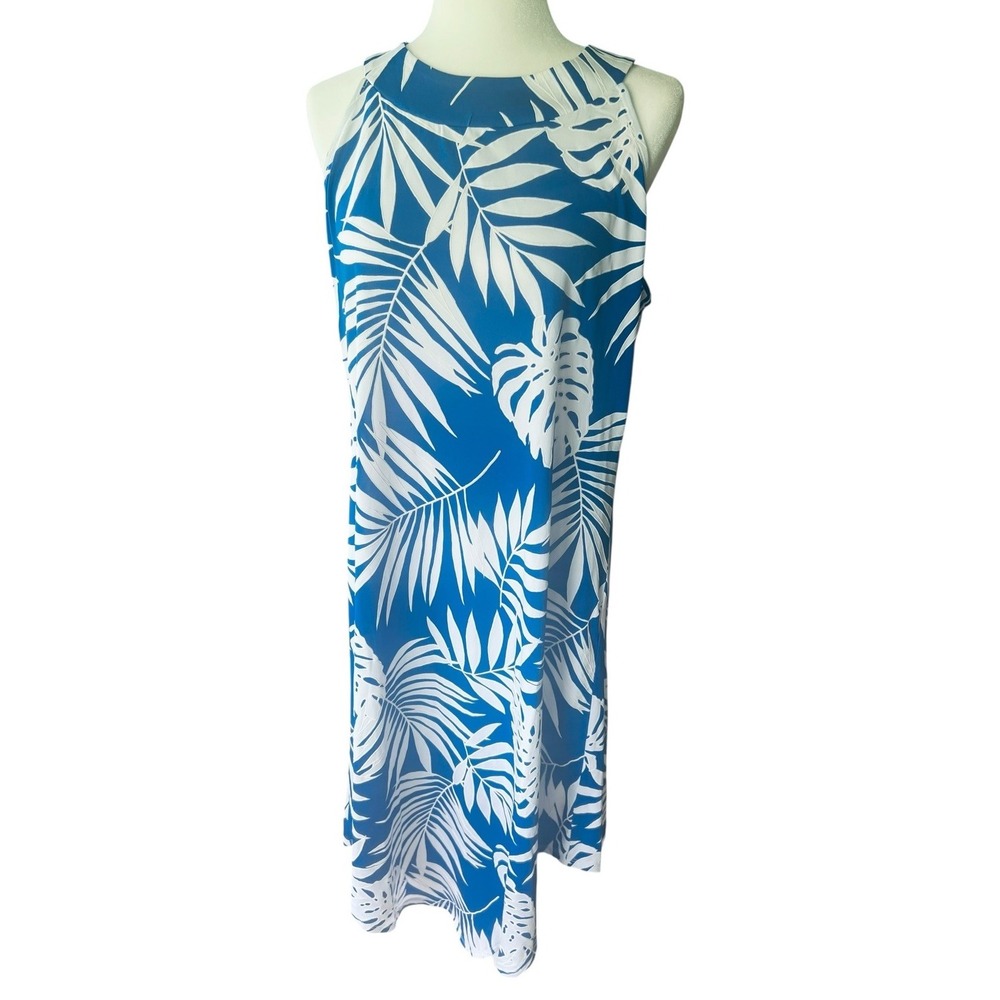 Dana Buchman Womens Monstera Fern Blue & White Shift Dress Large L Nice!